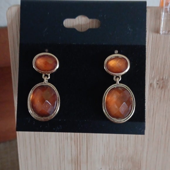 Gold Tone Faux Bezel Set Amber Tear Drop Earrings - Picture 4 of 4